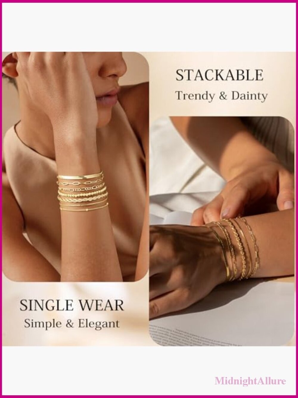 7PCS Gold Bracelet Set - Stackable Link Bracelets with Lobster Claw Clasps - Picture 3 of 7